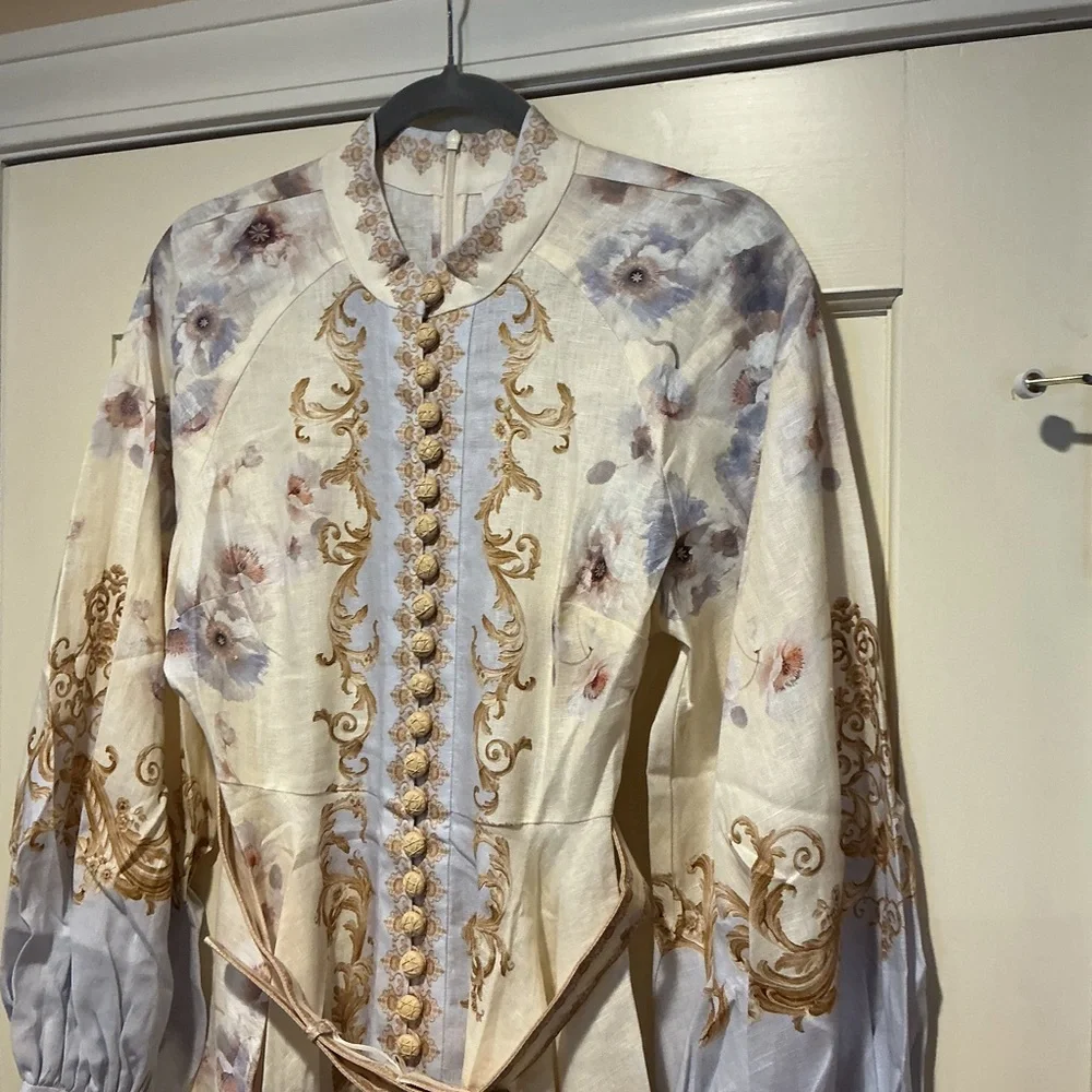 NWOT Zimmermann Elegant Floral Long-Sleeve Linen Mini Dress, Size AU 2 = M - Picture 7 of 13